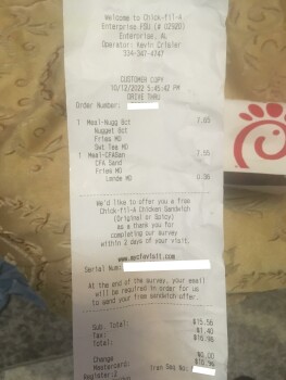 Consumer Review - Food Safety Chick-fil-A, Boll Weevil Circle, Enterprise, AL, USA Ordered sandwich and nuggets from here, shortly... photo #3