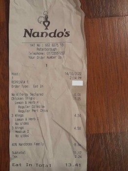 Consumer Review - Food Safety Nando's Peterborough, Church Street, Peterborough, UK I hadn’t eaten all day and went there with my... photo #2