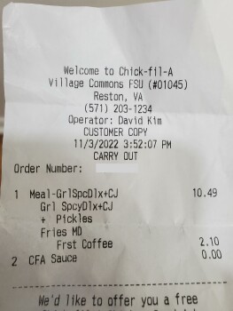 Consumer Review - Food Safety Chick-fil-A, 12160 Sunset Hills Rd, Reston, VA 20190, United States Not sure. Had Grilled Spicy Chk... photo #2