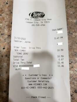 Consumer Review - Food Safety Raising Cane's Chicken Fingers, East League City Parkway, League City, TX, USA Last night, November... photo #3