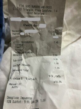 Consumer Review - Food Safety Five Guys, Centro comercial El Triangle, Plaça de Catalunya, Barcelona, España Hace 24 horas comí un... photo #2