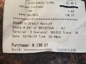 Reseña del consumidor - Seguridad alimentaria ShopRite of Bricktown, New Jersey 70, Brick, NJ, USA Bought 50 count Middleneck clams Feb 6.. did no... foto #3
