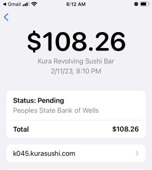 Consumer Review - Food Safety Kura Revolving Sushi Bar, North Garden, Bloomington, MN, USA Ate here on Feb 11 around 8pm.  Within... photo #1