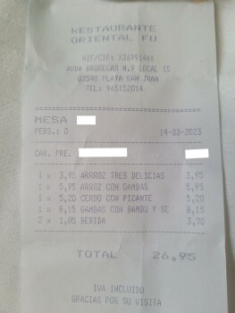Consumer Review - Food Safety Restaurante Oriental Fu, Avenida Bruselas, Alicante, Spain Ate shrimp with mushrooms and bambu. Othe... photo #4