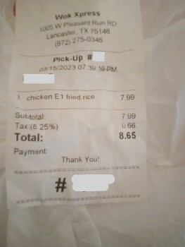 Consumer Review - Food Safety Wok Xpress, Pleasant Run Road, Lancaster, TX, USA Suspected food poisoning. Symptoms: Diarrhea, Naus... photo #2
