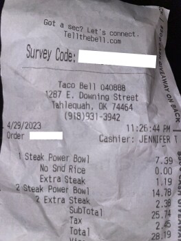 Consumer Review - Food Safety Taco Bell, East Downing Street, Tahlequah, OK, USA Bought steak based item and ate at 11:45pm. At 1... photo #2