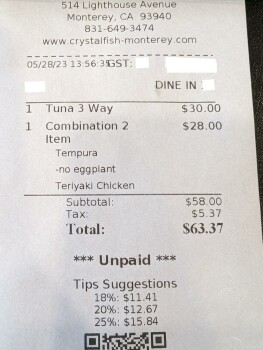 Consumer Review - Food Safety Crystal Fish, 514 Lighthouse Ave, Monterey, CA 93940, USA Suspected food poisoning. Symptoms: Diarrh... photo #2