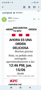 Consumer Review - Food Safety KFC, La Molina 15024, Peru Delivery. Desde ayer , pensé que era pasajero pero sigo mal y mi suegra q... photo #2