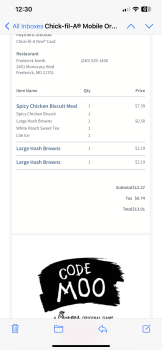 Reseña del consumidor - Seguridad alimentaria Chick-fil-A, Monocacy Boulevard, Frederick, MD, USA About 30 mins after eating a spicy chicken biscu... foto #2