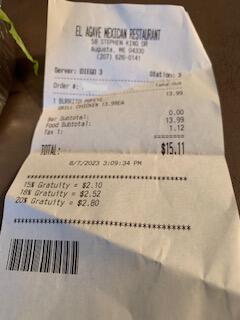 Avis du consommateur - Sécurité alimentaire El Agave's Mexican Restaurant, Stephen King Drive, Augusta, Maine, USA Just purchased a Burrito at t... photo #2