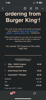 Consumer Review - Food Safety Burger King, Varner Road, Palm Desert, CA, USA We frequently order online from the BK closer to our... photo #2