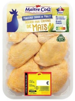 Food Recall MAITRE COQ Chicken thighs fed with corn kernels - recalled due to Listeria RappelConso issued a reca... photo #1
