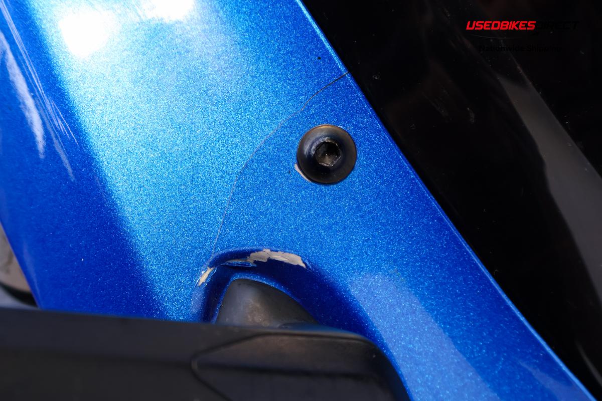 rust and dent on tank, cracks and paint chips on faring pieces, road rash on rear peg and gap on faring piece near tank.