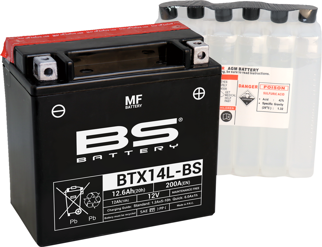 BS Battery BTX14L-BS AGM Battery with Acid Pack - 12V 12Ah 200 CCA - Can-Am Ryker, Sportster