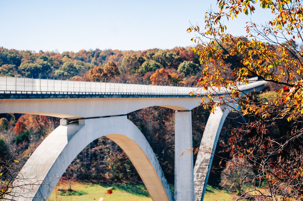Your Guide to the Natchez Trace Parkway in Franklin, TN A white concrete bridge with three large arches spans a valley, surrounded by colorful autumn trees in Williamson County, Tennessee.
