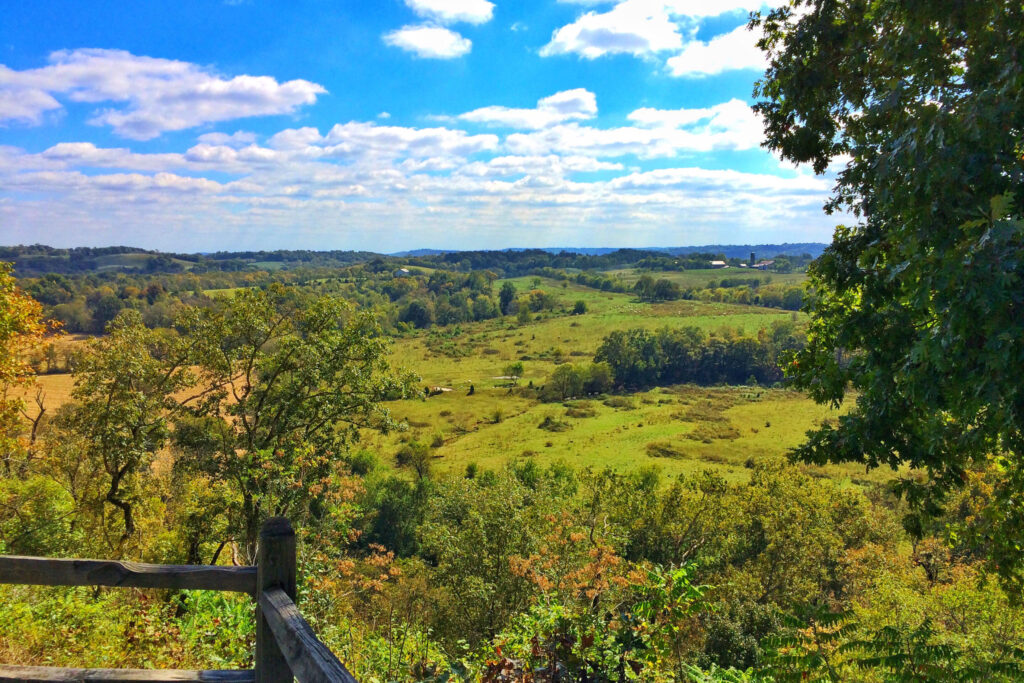 Your Guide to the Natchez Trace Parkway in Franklin, TN A panoramic view of a lush, green valley with rolling hills and scattered trees under a partly cloudy sky in Williamson County, Tennessee.