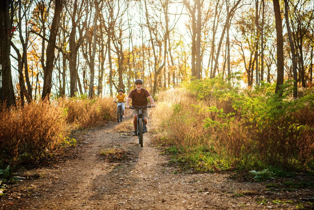 Two cyclists ride along a winding dirt path through a sunlit autumn forest, surrounded by tall trees and golden foliage in Williamson County, Tennessee.