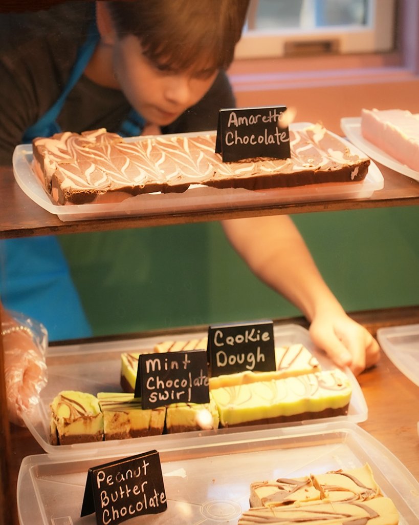 A young person wearing a blue apron carefully arranges colorful fudge slices on a display shelf, each piece labeled with its flavor in Williamson County, Tennessee.