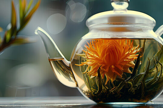 A delicate glass teapot contains a vibrant orange flower surrounded by green leaves, steeped in clear liquid in Williamson County, Tennessee.