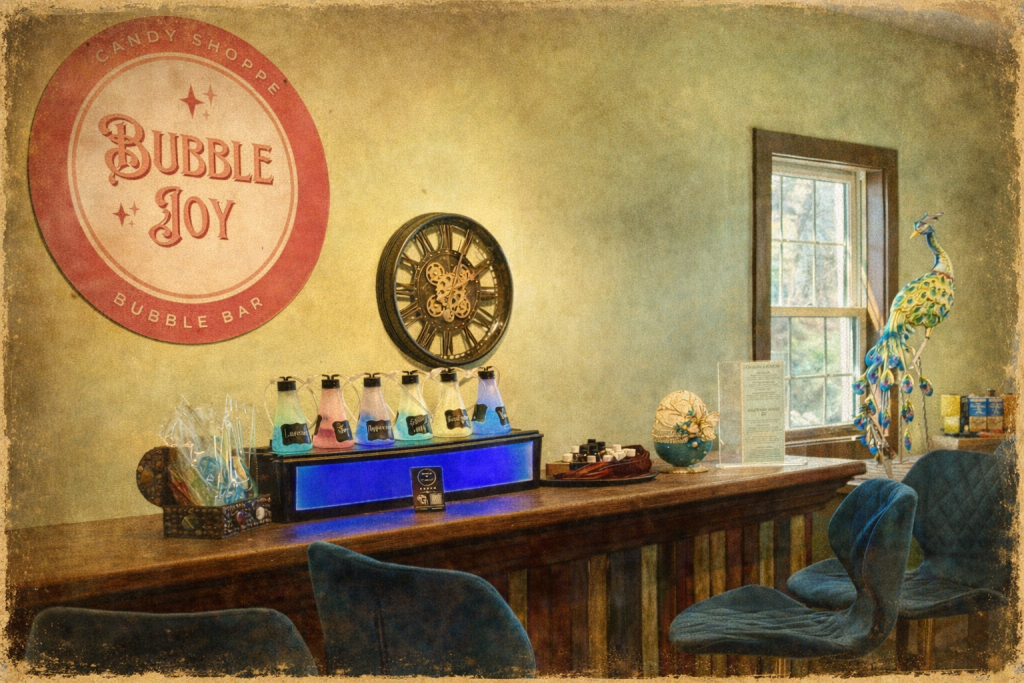 A whimsical bubble tea shop with a vintage aesthetic, featuring a colorful sign, a clock, and a variety of bubble tea flavors displayed on a glowing shelf in Williamson County, Tennessee.