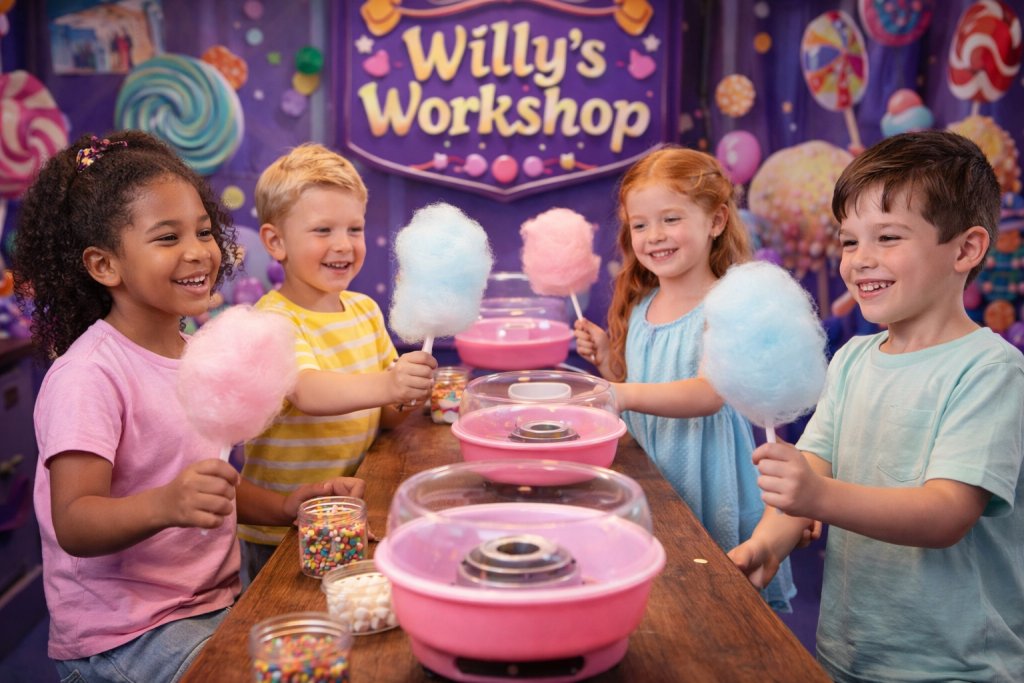 Five children are happily making cotton candy at Willy's Workshop, surrounded by colorful candies and decorations in Williamson County, Tennessee.