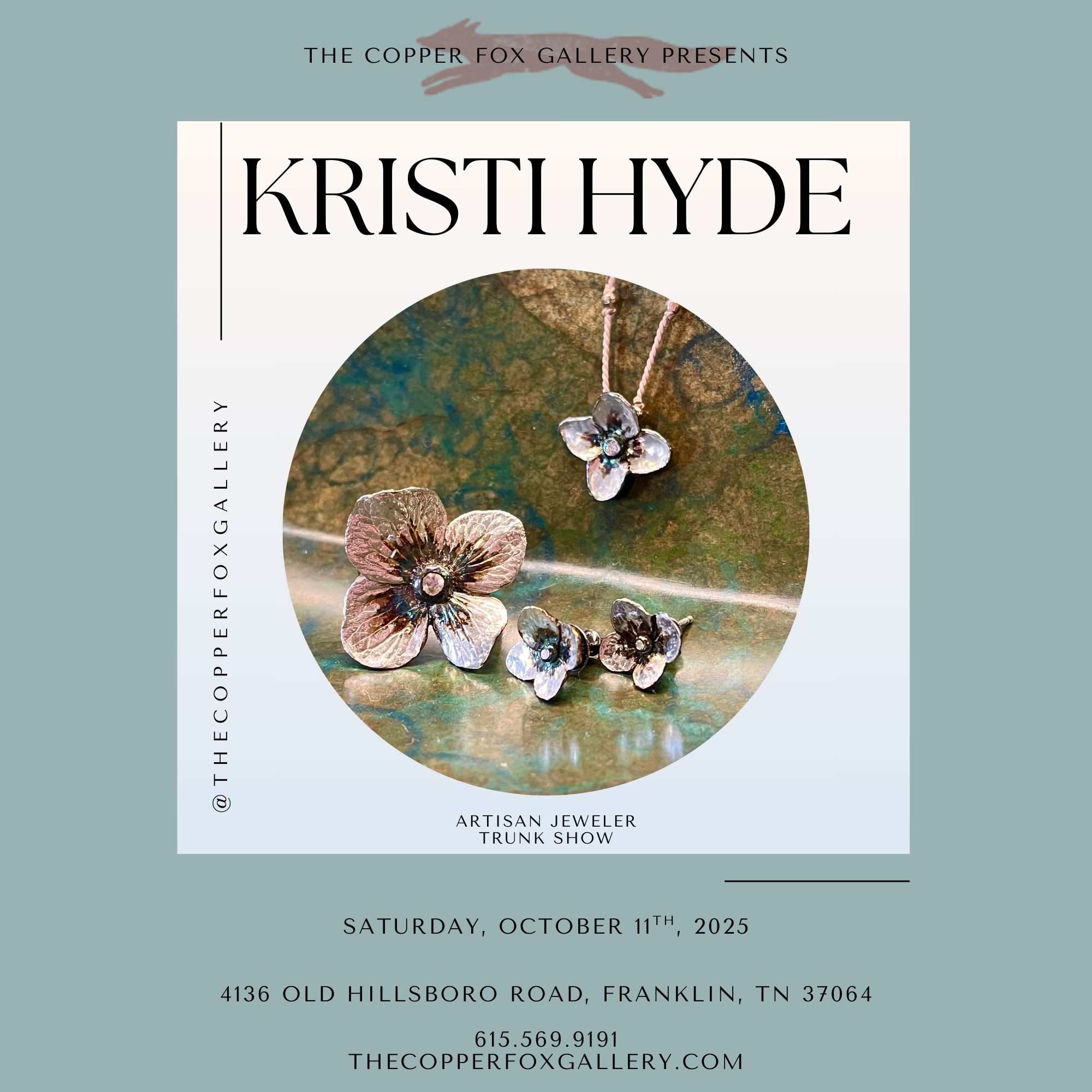 Kristi Hyde's jewelry, including a necklace and earrings, is showcased on a textured background in Williamson County, Tennessee.