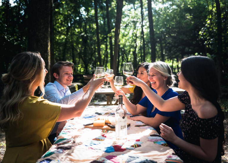 Arrington A group of six friends enjoys a picnic in the woods, raising wine glasses in a toast in Williamson County, Tennessee.