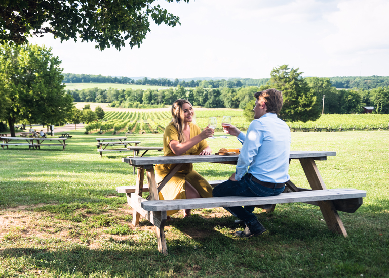 Arrington A couple enjoys wine and cheese at a picnic table overlooking a vineyard in Williamson County, Tennessee.