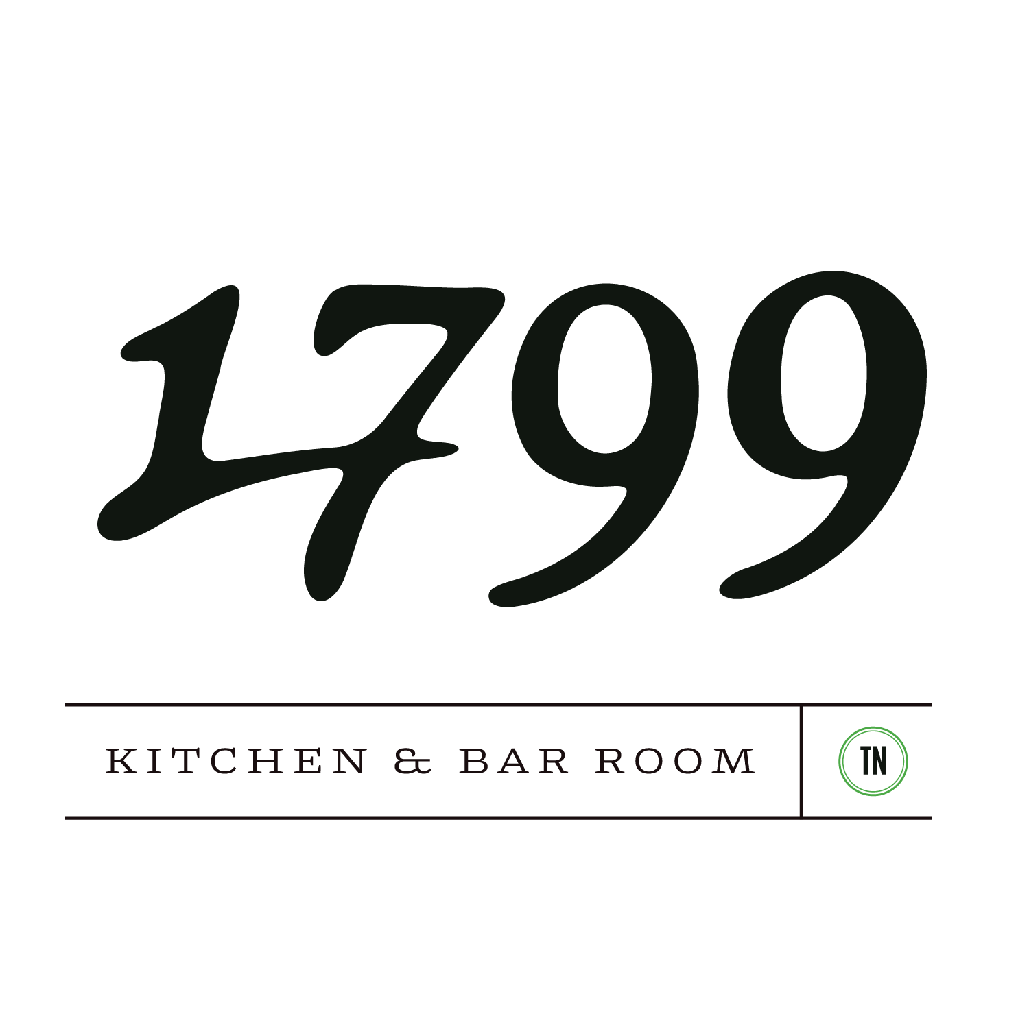 A minimalist black and white sign with '1799' and 'Kitchen & Bar Room' text in Williamson County, Tennessee.
