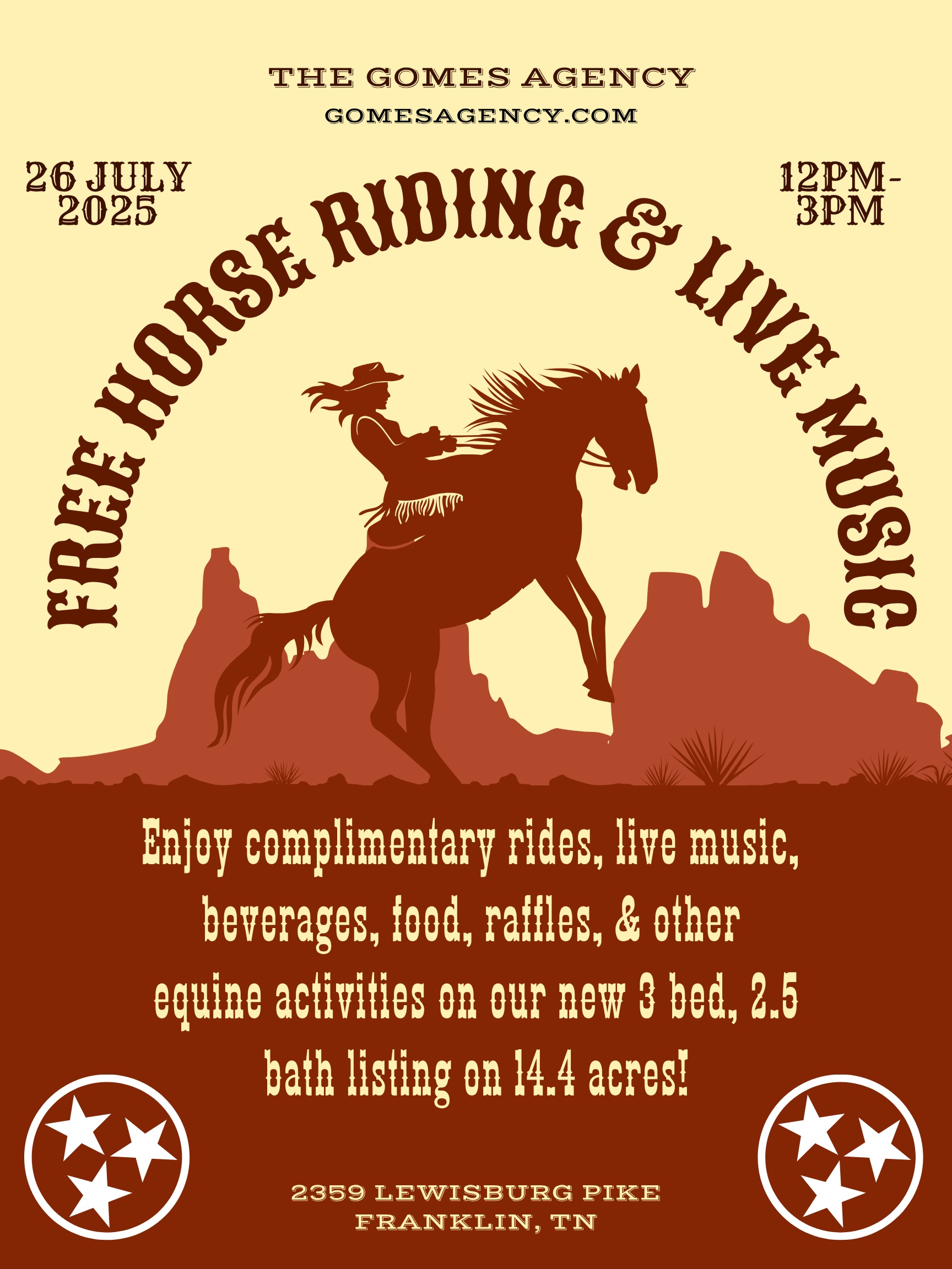 Free Horseback Riding and Live Music A poster advertises a horse riding and live music event with complimentary rides and food in Williamson County, Tennessee.