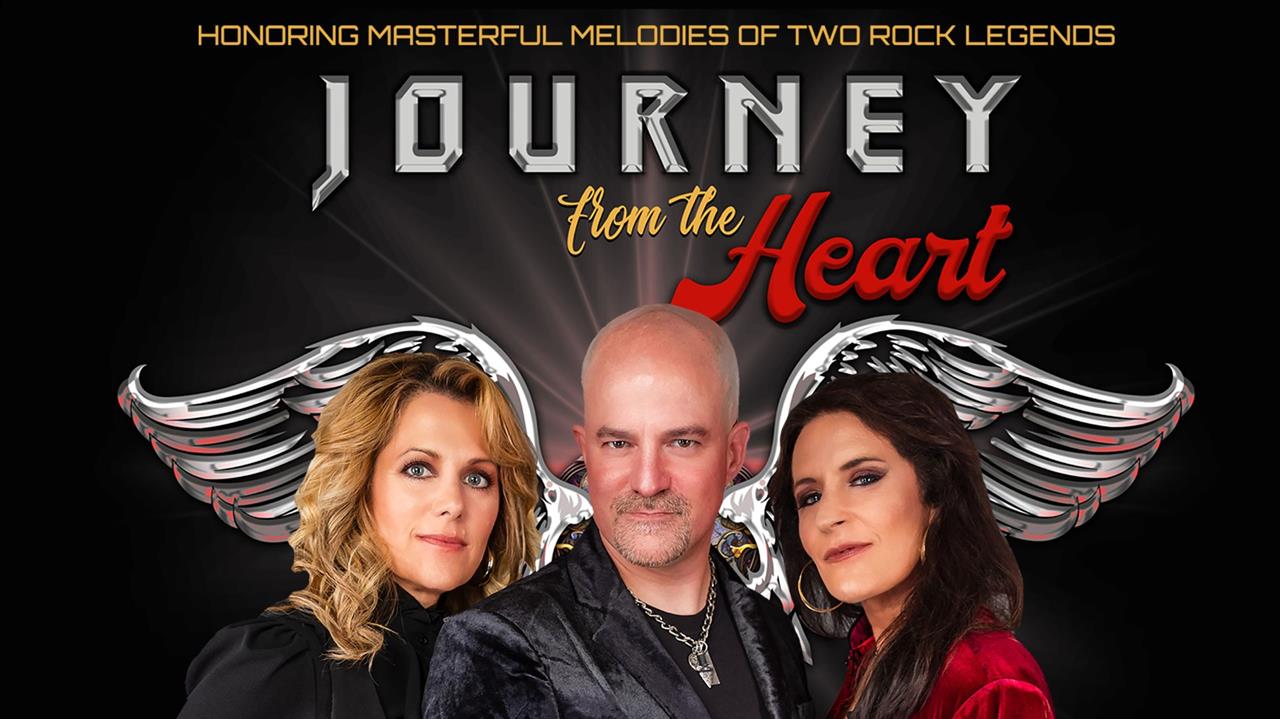 Three musicians stand together with angel wings behind them, promoting a rock music event in Williamson County, Tennessee.