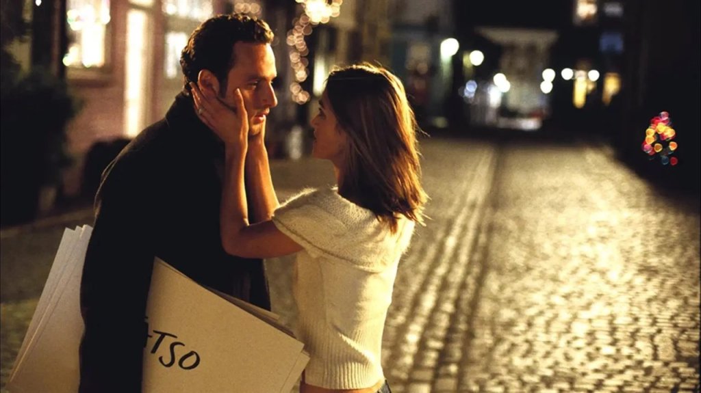 First Kiss Friday: Love Actually (2003) A couple shares an intimate moment on a cobblestone street at night in Williamson County, Tennessee.