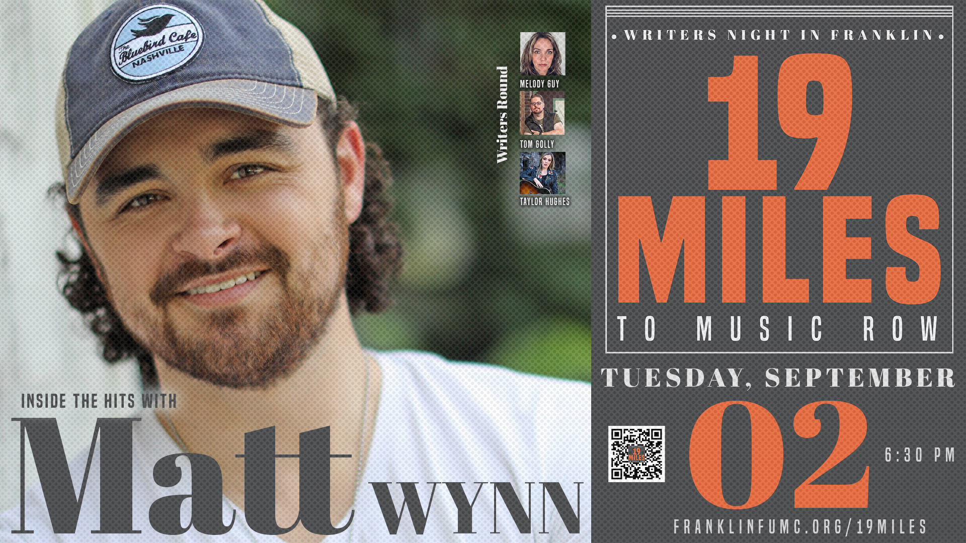 19 Miles to Music Row: Matt Wynn – Inside the Hits Matt Wynn, a musician, is smiling in a promotional poster for a music event in Williamson County, Tennessee.