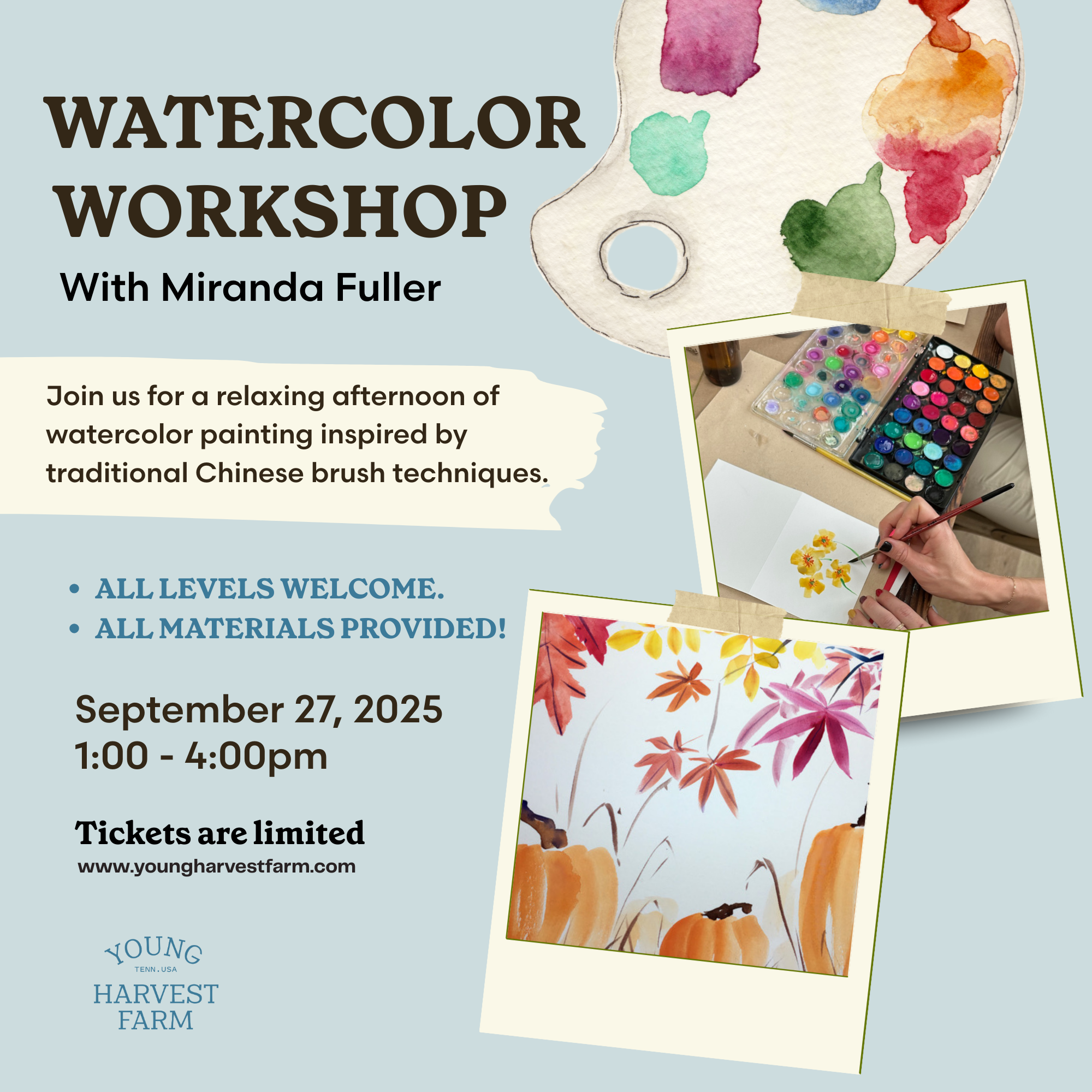 A poster advertises a watercolor workshop with Miranda Fuller, featuring traditional Chinese brush techniques in Williamson County, Tennessee.