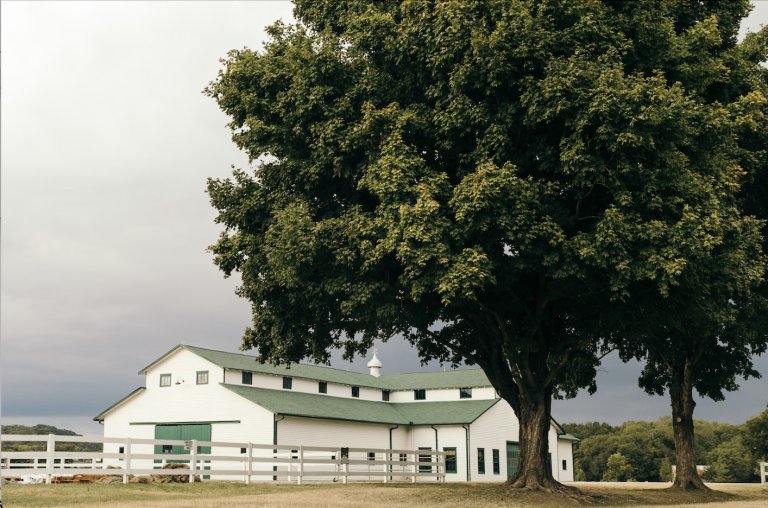 A large white barn with a green roof and doors is surrounded by a white fence and tall trees in Williamson County, Tennessee.