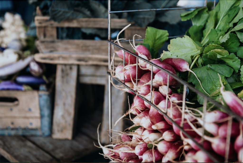 A wire basket filled with fresh radishes and leafy greens at a market in Williamson County, Tennessee.