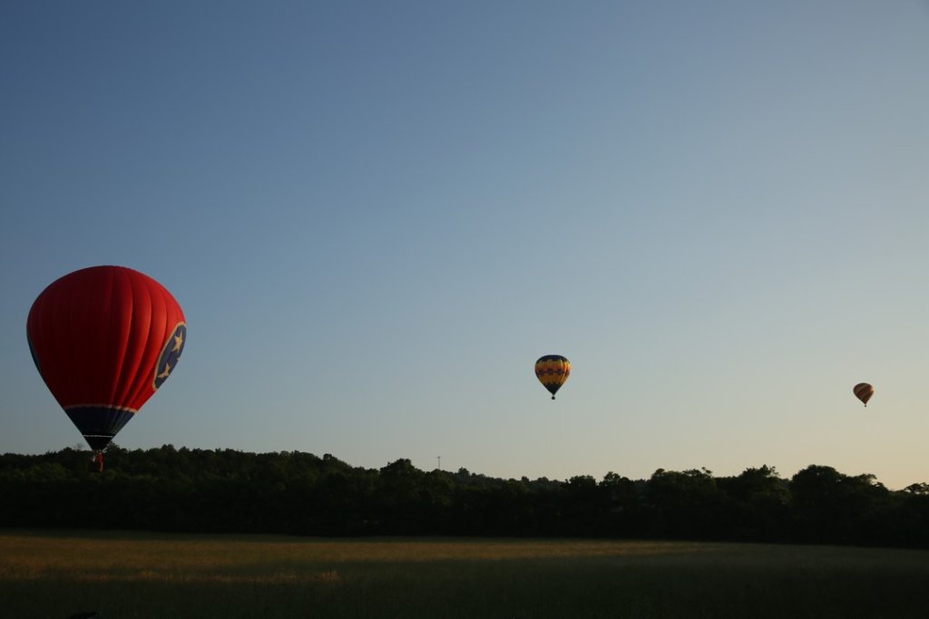 Three colorful hot air balloons float peacefully in a clear blue sky over a grassy field in Williamson County, Tennessee.