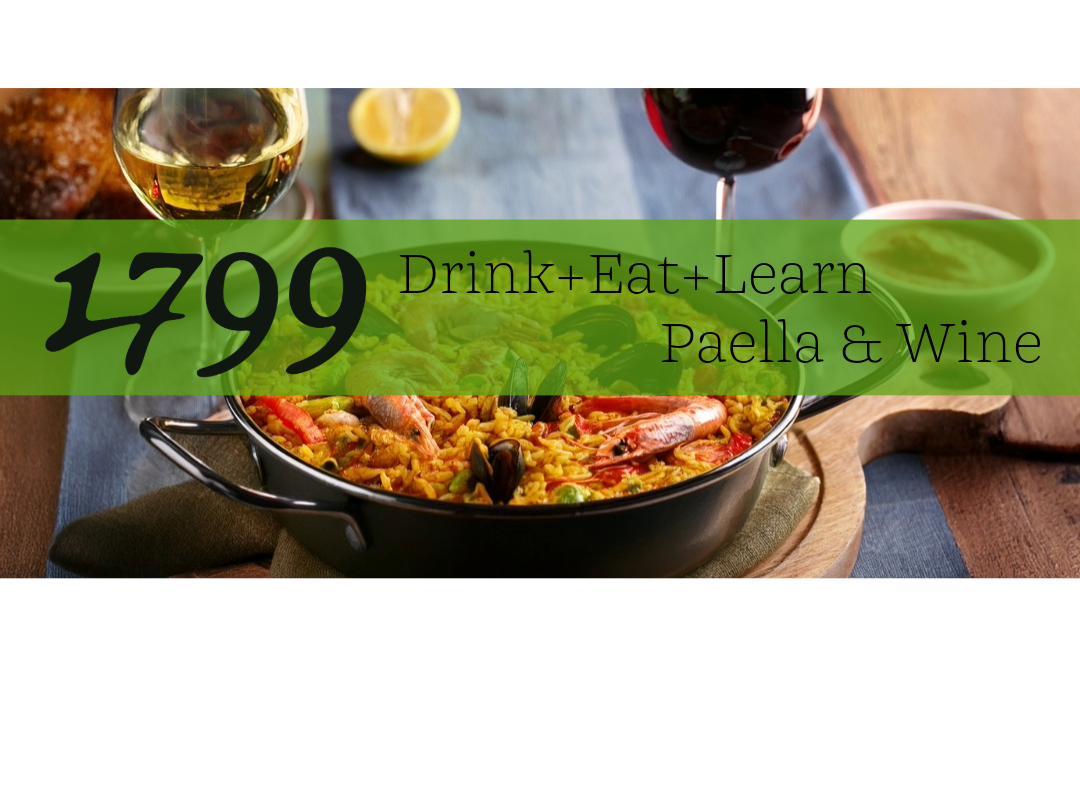 Paella and Wine Tasting Dinner A vibrant paella dish with seafood and vegetables, accompanied by wine glasses in Williamson County, Tennessee.