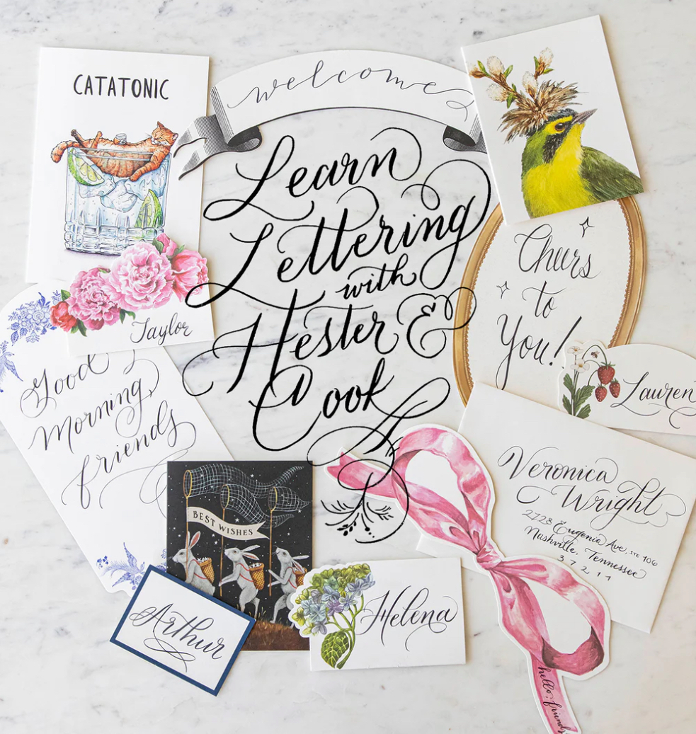 Assorted greeting cards and stationery featuring hand-lettered text and whimsical illustrations in Williamson County, Tennessee.