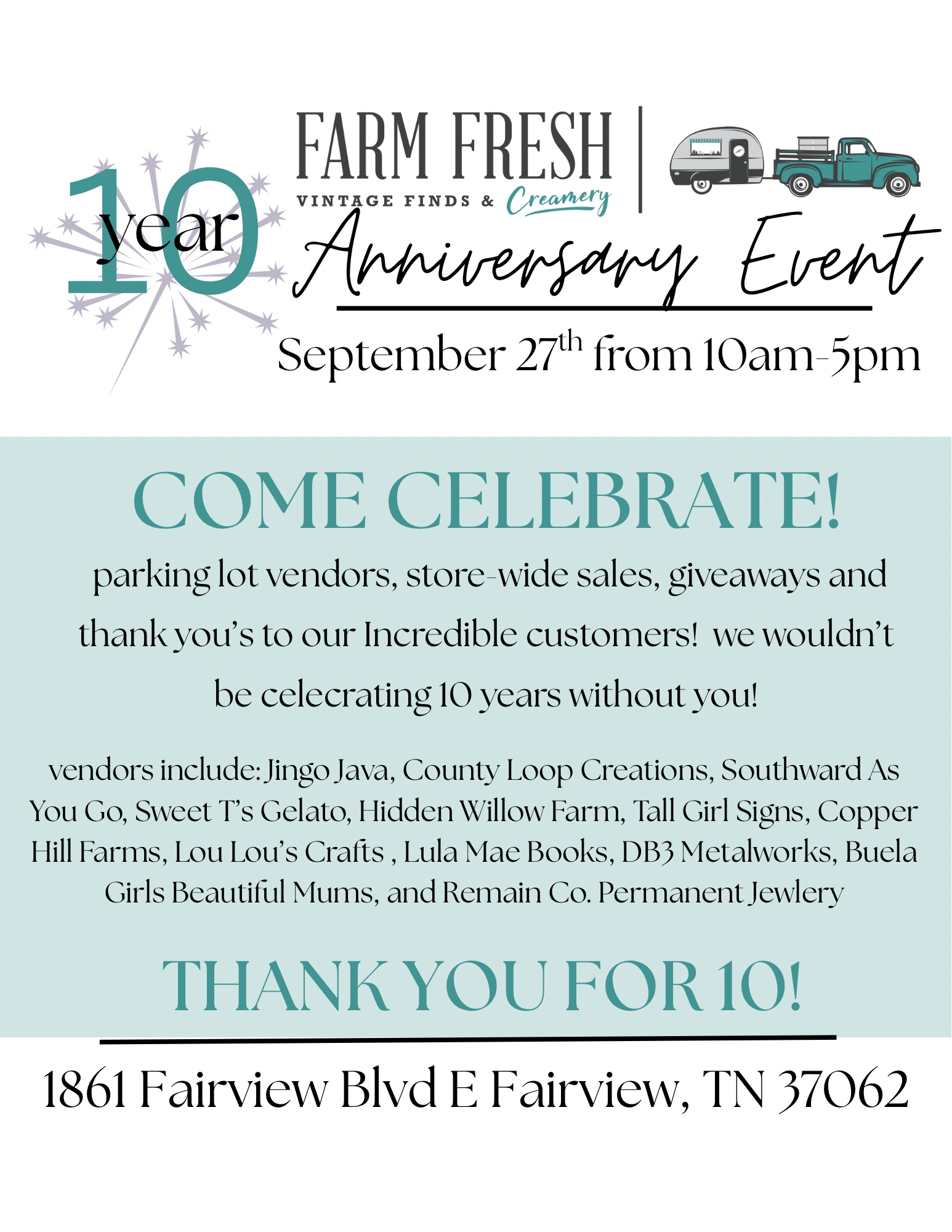 Vintage finds and creamery 10th anniversary event flyer with vendors and details in Williamson County, Tennessee.