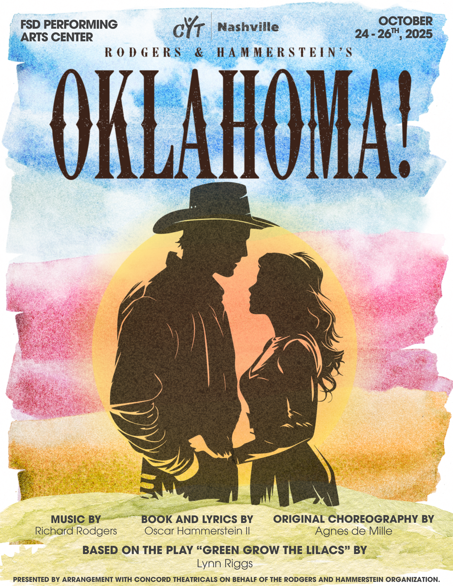 A vibrant poster for the musical 'Oklahoma!' featuring silhouetted lovers against a colorful sunset backdrop in Williamson County, Tennessee.