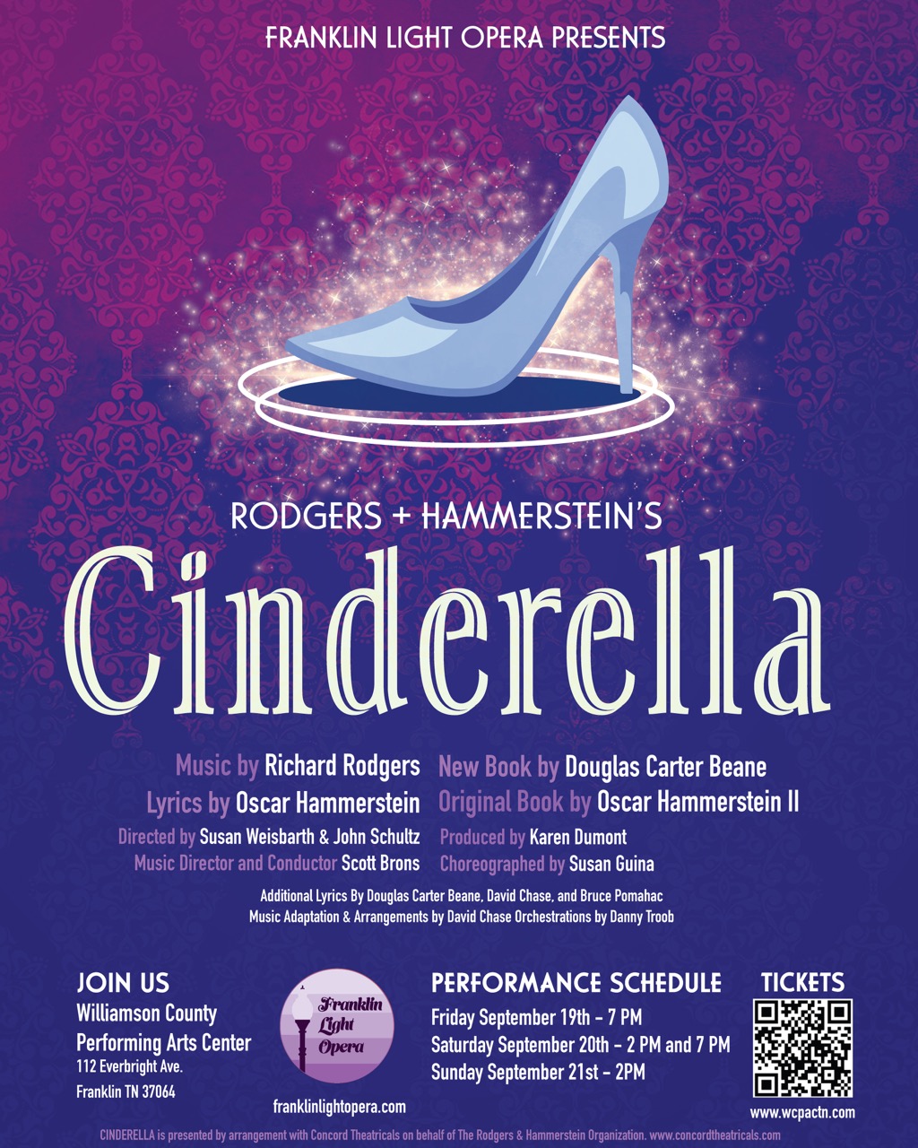 A vibrant poster for Rodgers and Hammerstein's Cinderella musical, featuring a blue slipper and performance details in Williamson County, Tennessee.