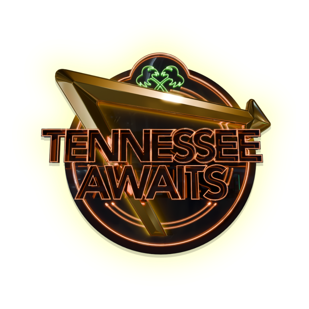 In-N-Out: Tennessee Awaits A neon sign with the words 'Tennessee Awaits' in a stylized font with a golden arrow in Williamson County, Tennessee.