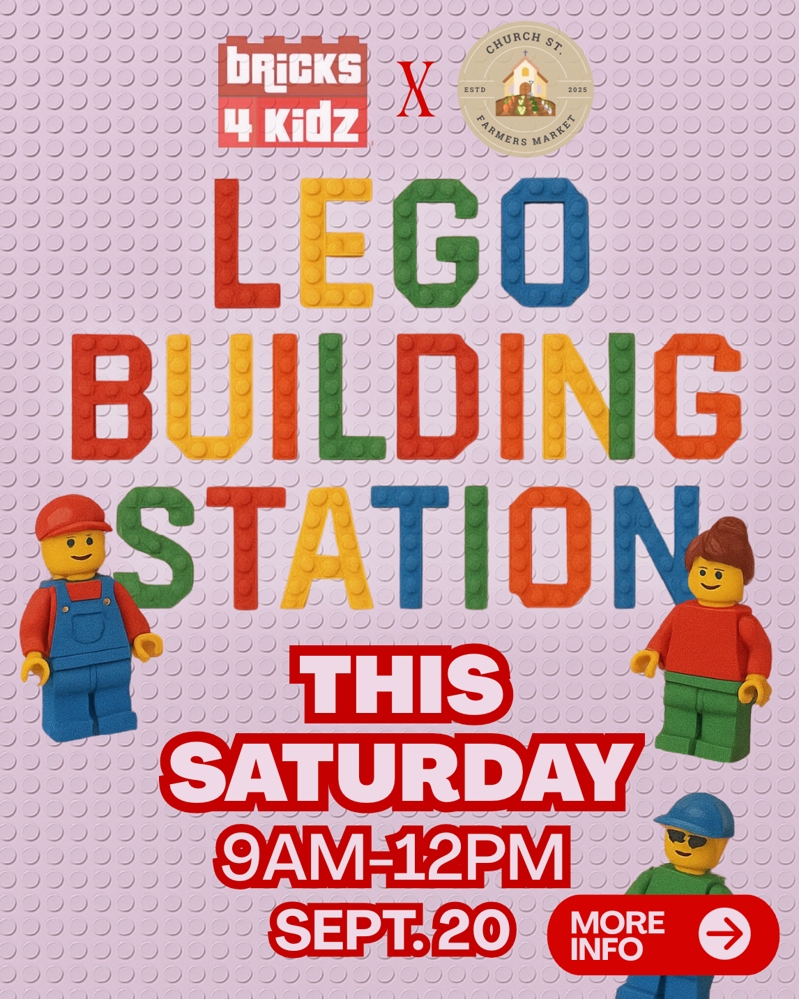 A colorful poster advertises a Lego building event for kids on Saturday, September 20th in Williamson County, Tennessee.