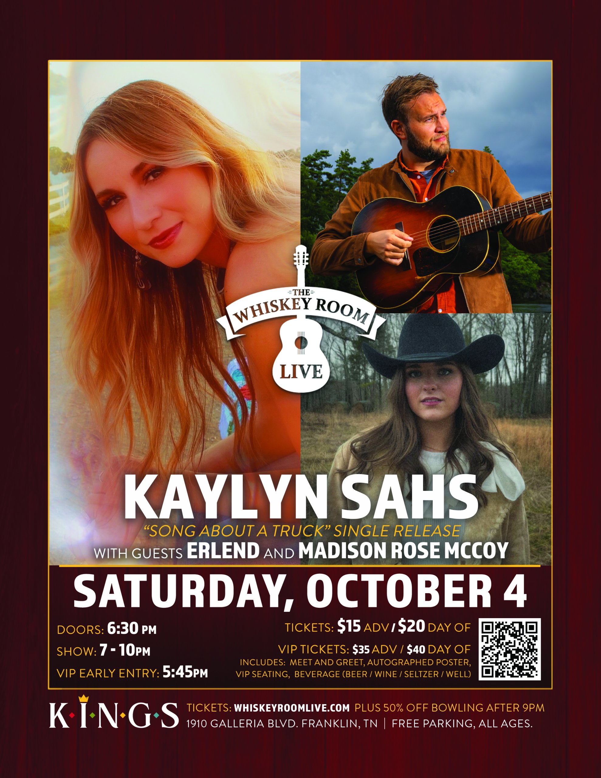 Kaylyn Sahs - "Song About A Truck" Single Release Show A promotional poster for a live music event featuring Kaylyn Sahs and guests at The Whiskey Room in Williamson County, Tennessee.