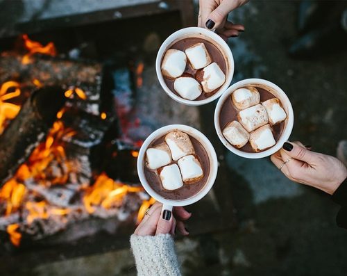 Marshmallow Hikes at Owl’s Hill Three hands hold steaming mugs of hot chocolate with marshmallows over a crackling campfire in Williamson County, Tennessee.
