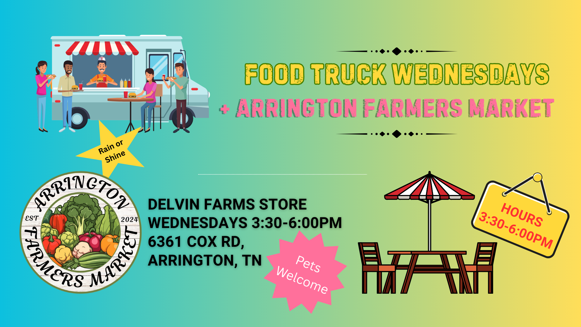 Food Truck Wednesdays Food truck event at farmers market with outdoor seating and pet-friendly atmosphere in Williamson County, Tennessee.