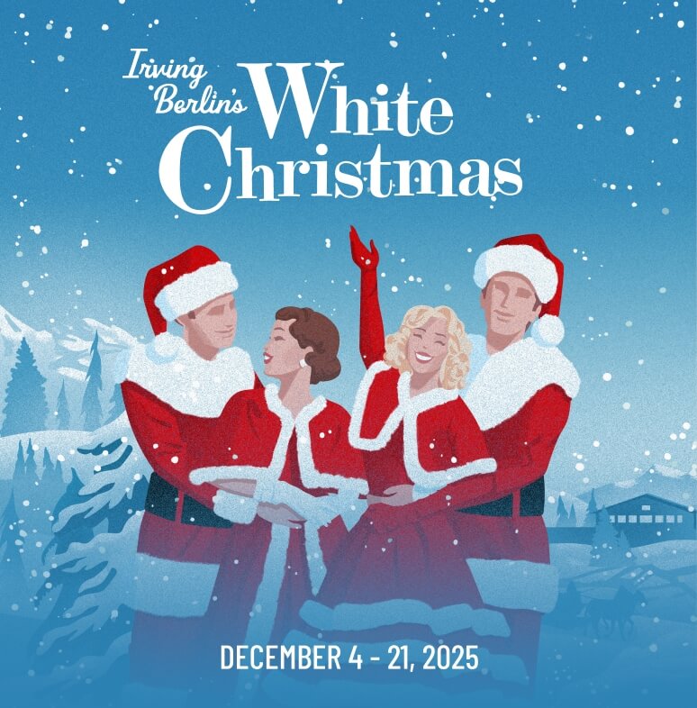 Four people dressed as Santa Claus and Mrs. Claus sing and dance in a snowy landscape in Williamson County, Tennessee.