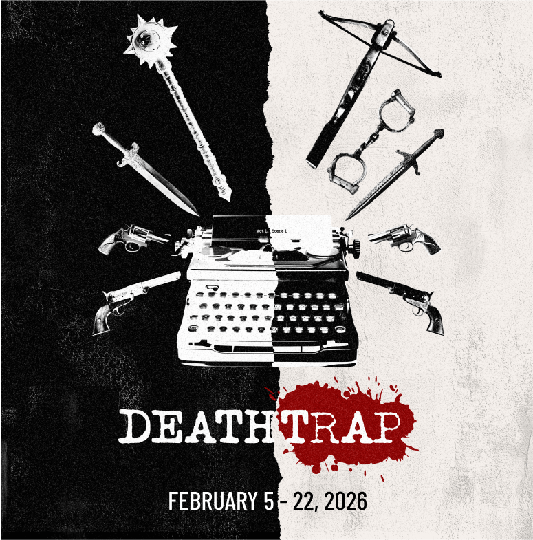 A black and white poster featuring a split typewriter surrounded by weapons and the text 'DEATHTRAP' in red in Williamson County, Tennessee.