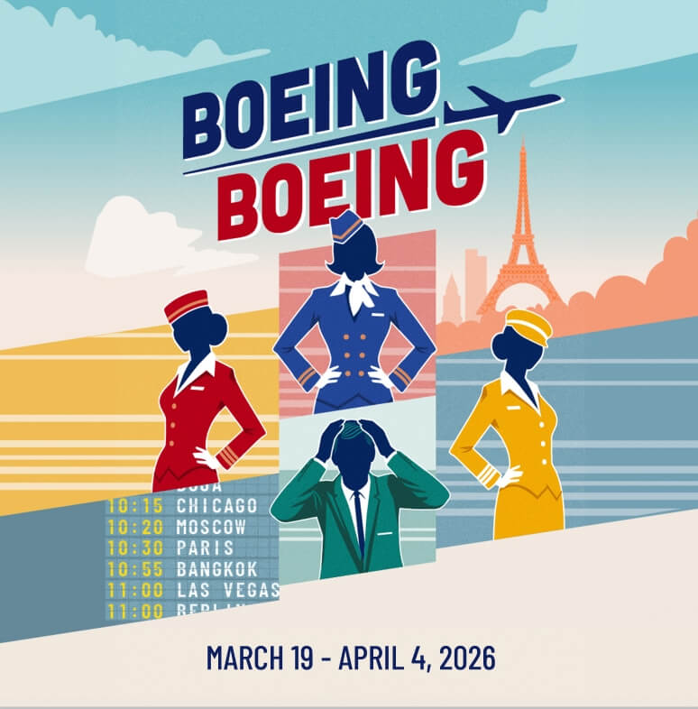 Studio Tenn: Boeing Boeing Four stylized flight attendants in different uniforms stand against a backdrop of travel destinations and the Eiffel Tower in Williamson County, Tennessee.